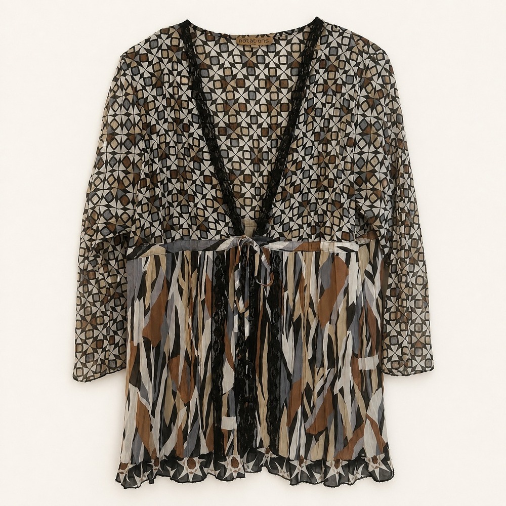 VTG Notations Blouse Size XL Sheer Multi Deep V Lace Trim Artsy Y2K Indie Boho